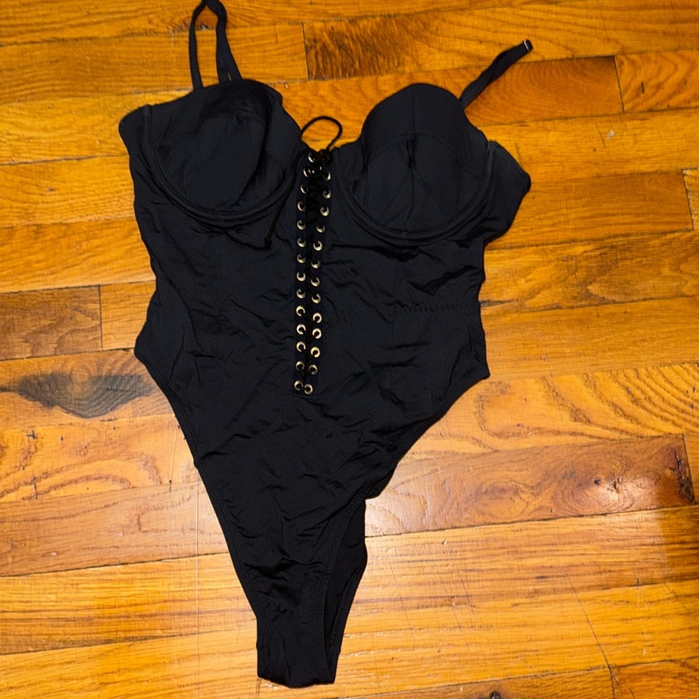 Fleur du Mal Black One-Piece Swimsuit with Gold Eyelet Lace-Up